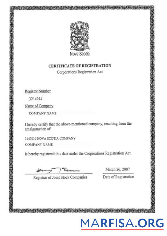 Blank Nova Scotia Certificate of Registration template